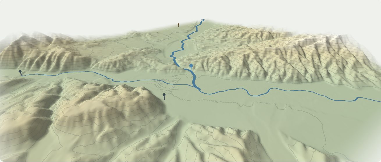 Shaded relief of the lower Hakataramea Valley and Kurow, with the Hakataramea and Waitaki rivers drawn in blue